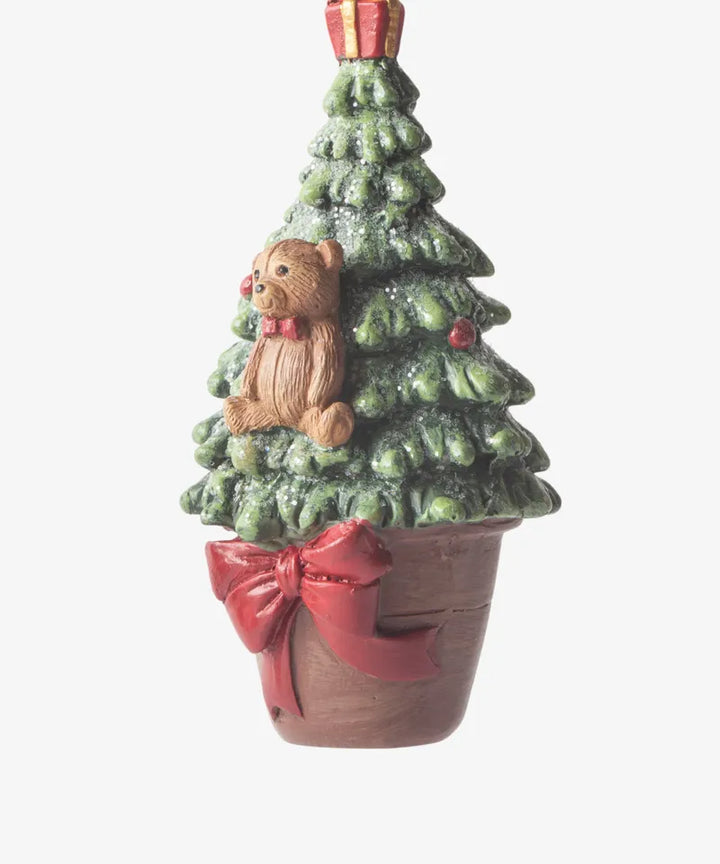 French Country Hanging Potted Tree with Bear