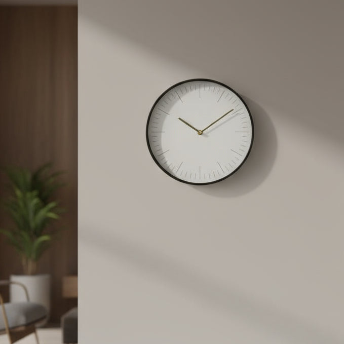 Round wall clock with black frame and gold hands on a white background