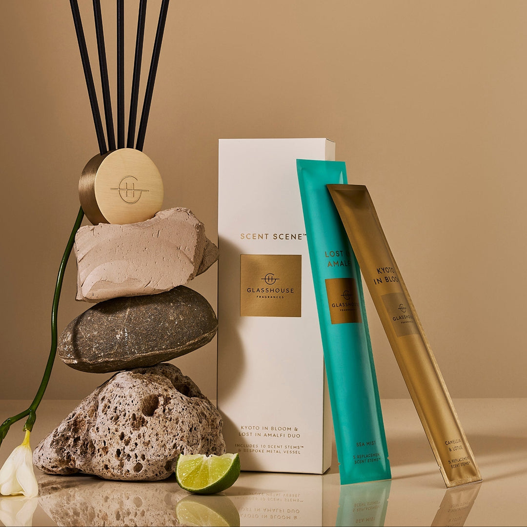 Glasshouse Scent Scene Duo with gold stand and Lost in Amalfi and Kyoto in Bloom scent stems