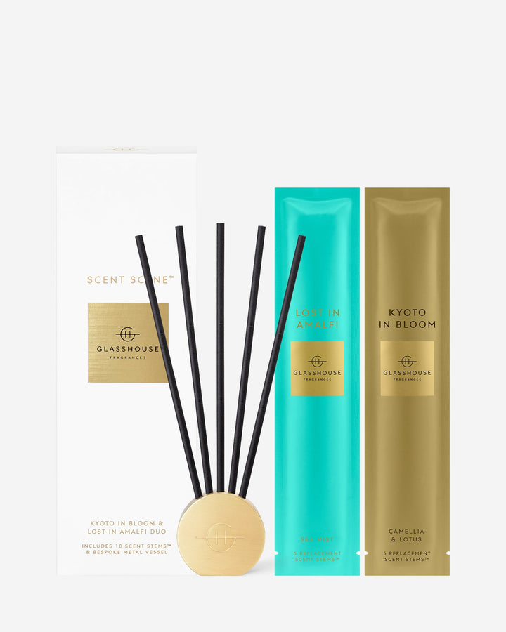 Glasshouse Scent Scene Duo with gold stand and Lost in Amalfi and Kyoto in Bloom scent stems - image 2