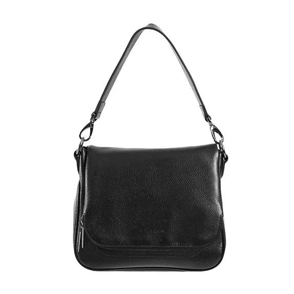 Black leather handbag on a white background
