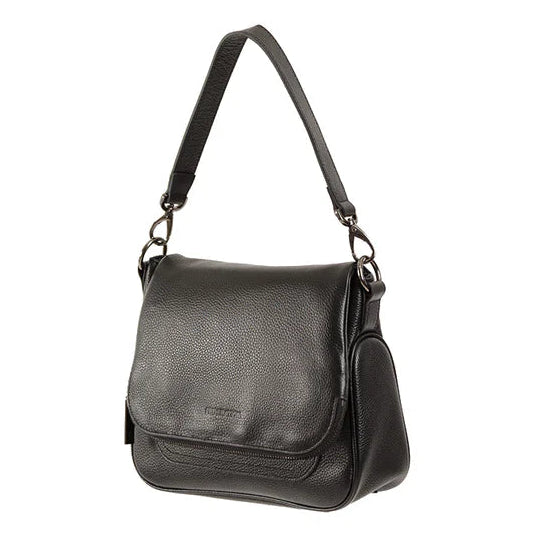 Black leather shoulder bag on a white background