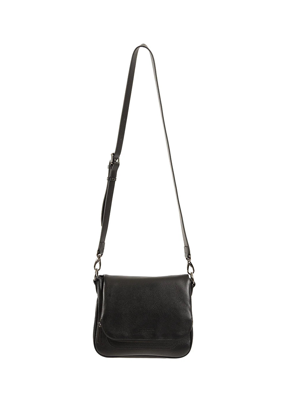 Black leather crossbody bag on a white background