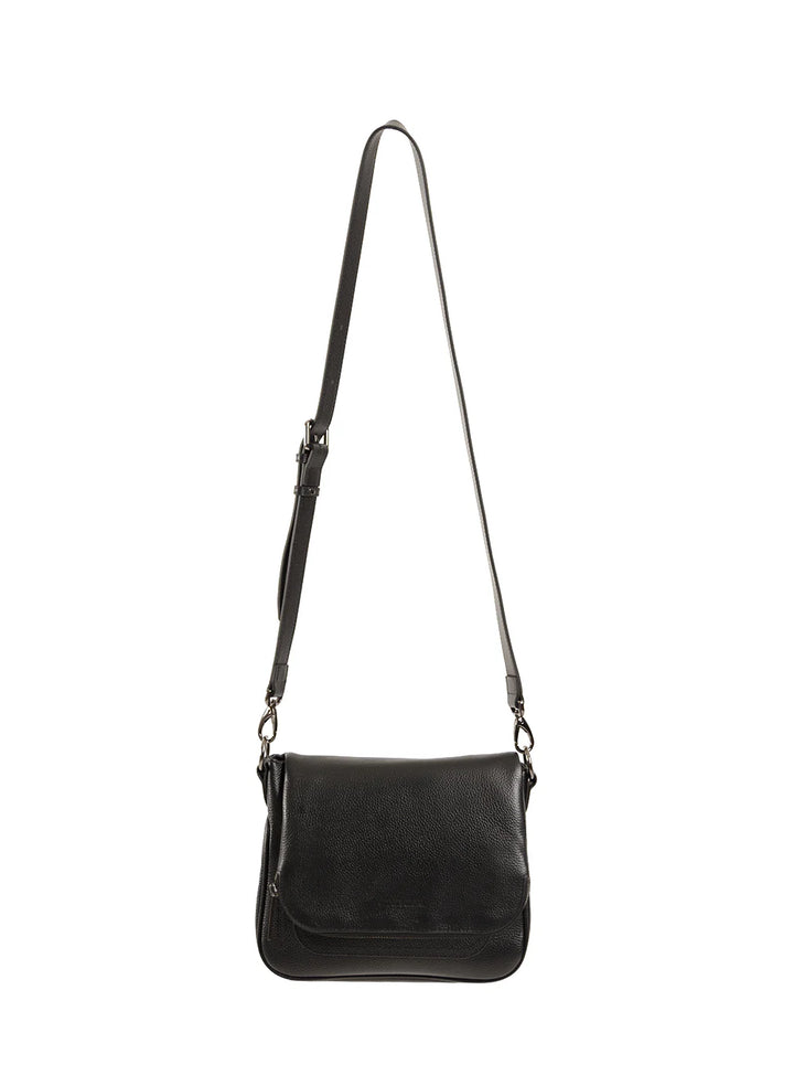Black leather crossbody bag on a white background
