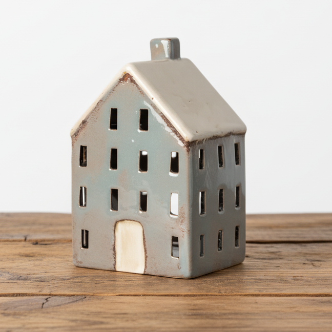 Ceramic house-shaped lantern on a white background