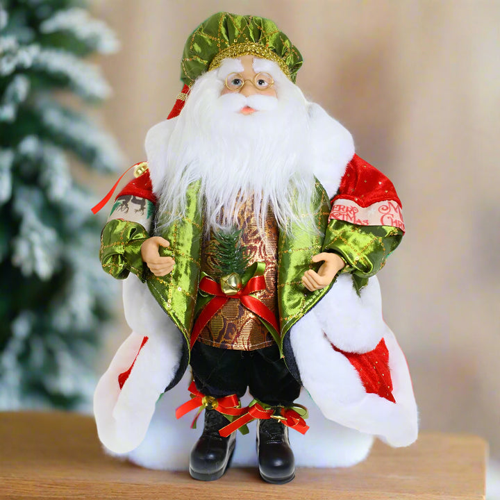 Decorative Santa Claus figure with green and red attire on a white background