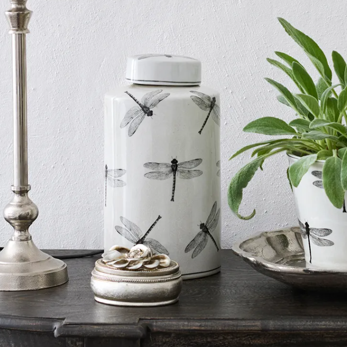 Decorative jar with dragonfly design on a table next to a plant and lamp.