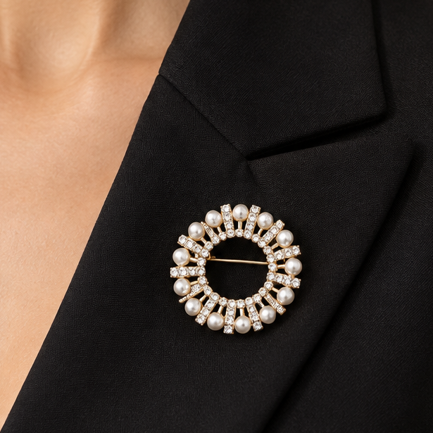 A circular gold-tone brooch featuring a halo of white faux pearls and clear rhinestones, displayed on a solid light beige background.