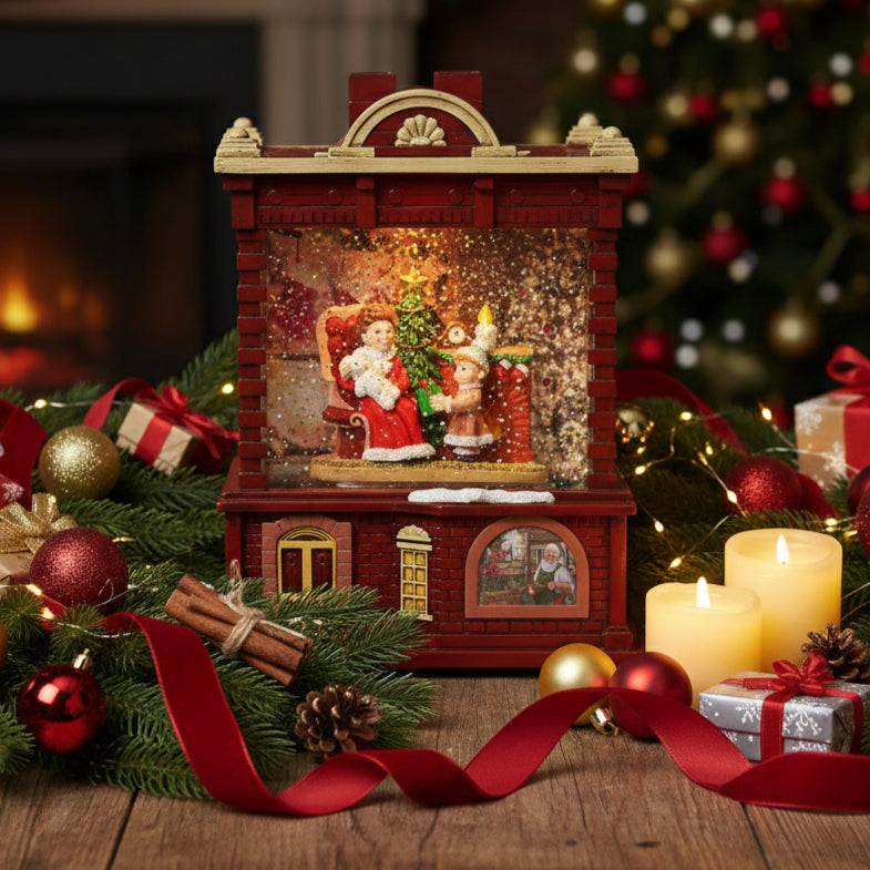 Decorative Christmas scene with Santa Claus and child inside a wooden box structure.