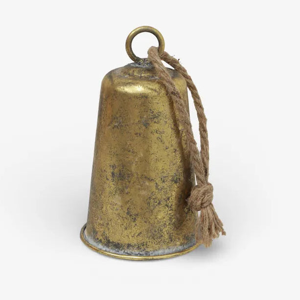 gold bell with a rope on a white background