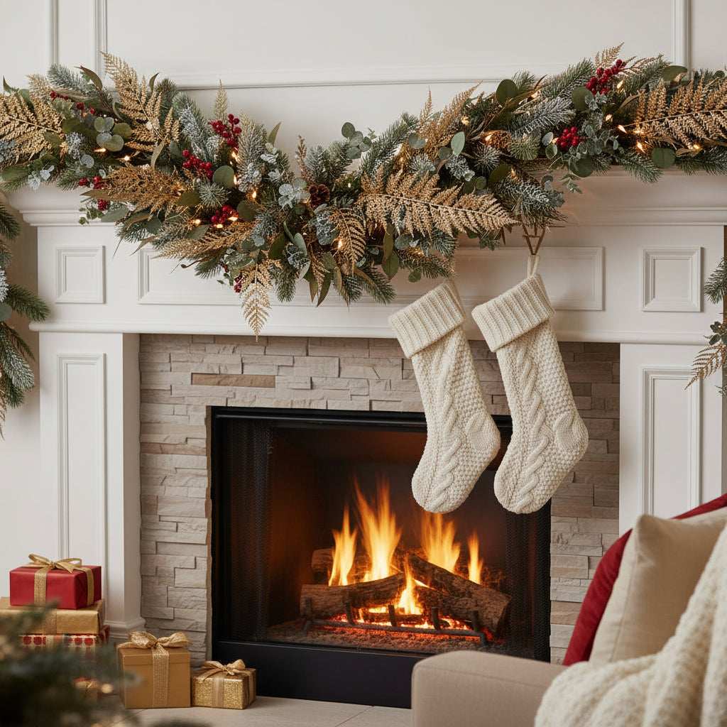 gold artificial fern stem ina  xmas garland by fire
