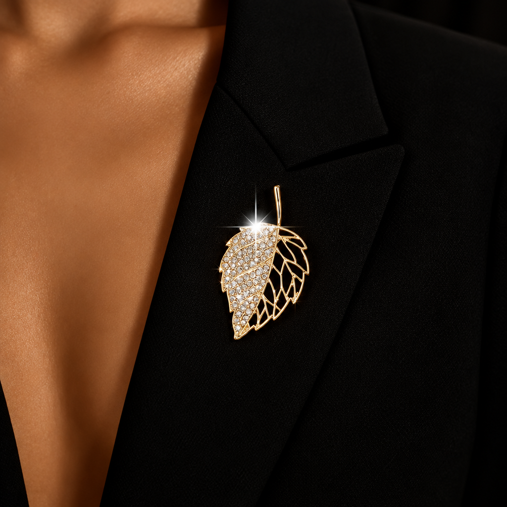A close-up of a person wearing a black blazer with a gold leaf-shaped brooch pinned near the chest.