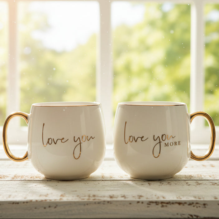 Two white mugs with gold handles and text on a white background