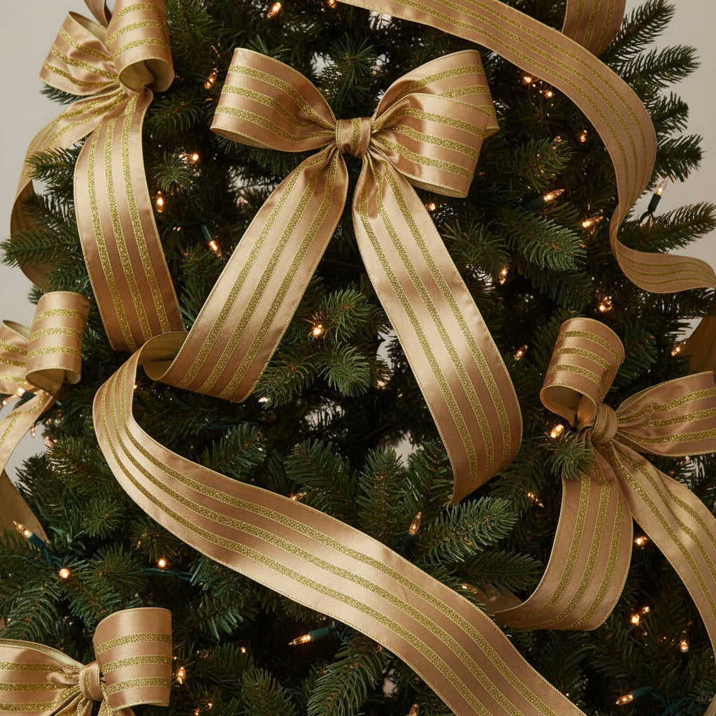 A roll of metallic gold satin ribbon with three glittery gold stripes, shown partially unrolled on a plain white background.