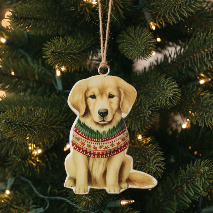 Dog ornament wearing a sweater on a white background