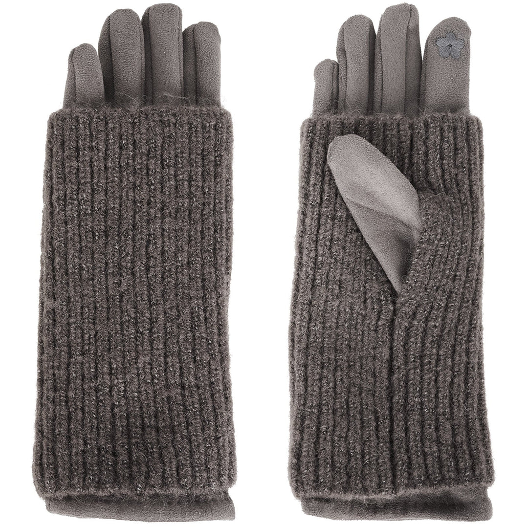 Pair of gray knit gloves with touch screen tips on a white background