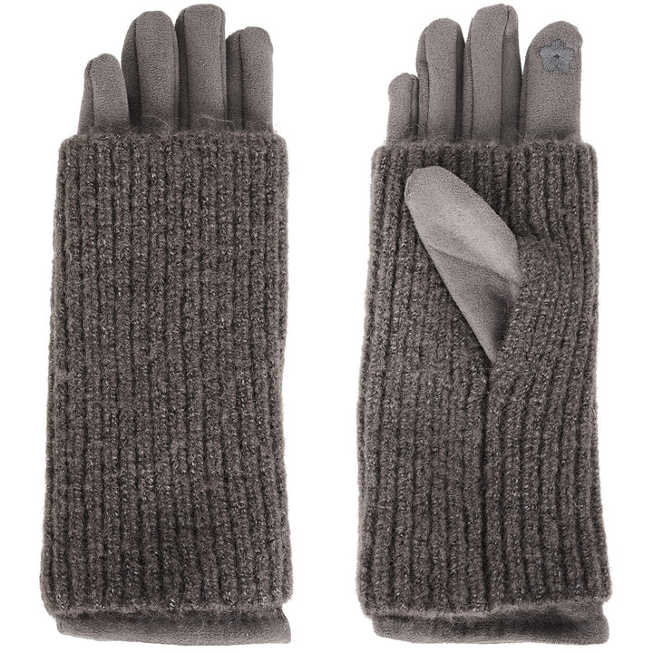 Pair of gray knit gloves with touch screen tips on a white background