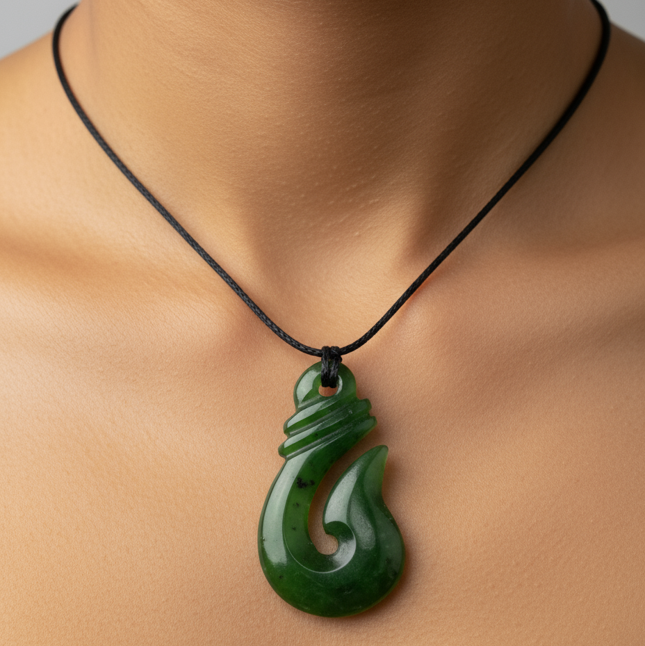 Green jade hook pendant on a string against a textured gray background