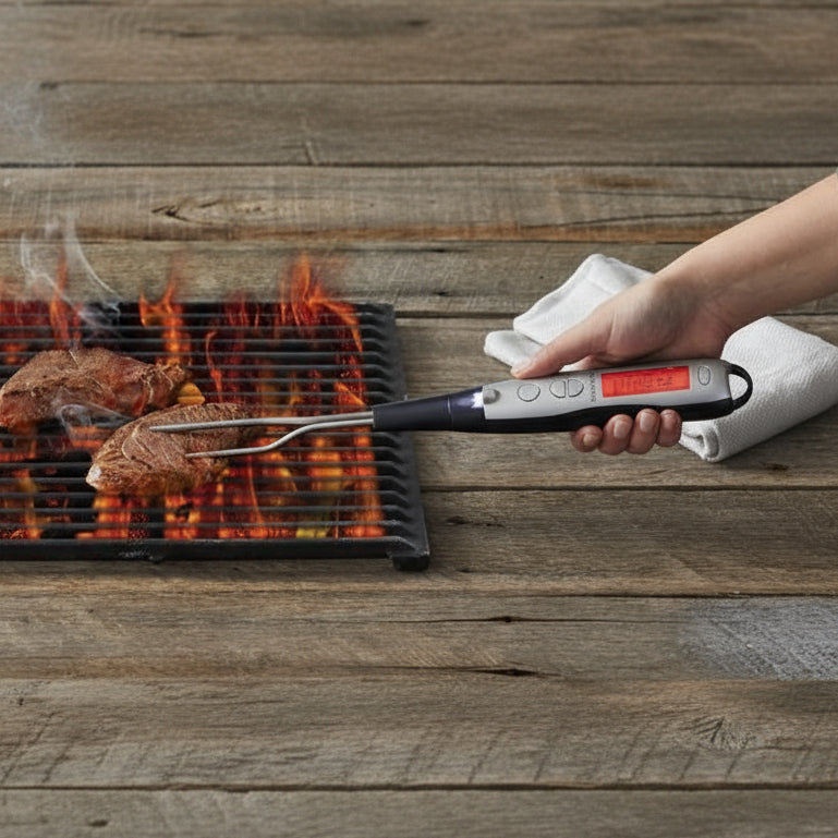 Person using a handheld grill with digital display on a wooden surface