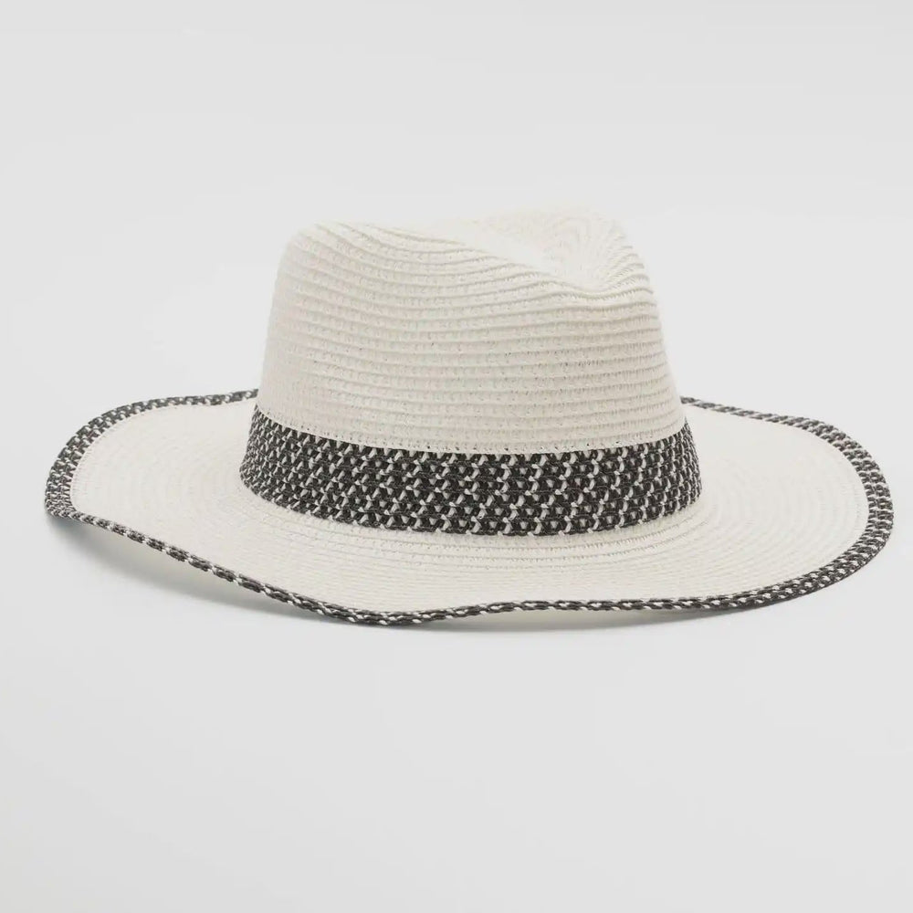 White straw hat with a black and white patterned band on a light gray background