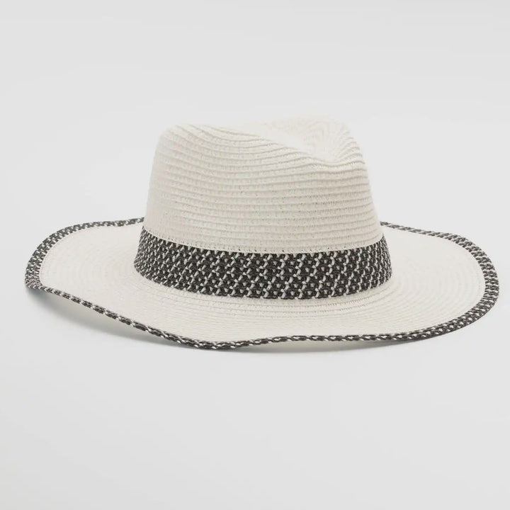 White straw hat with a black and white patterned band on a light gray background