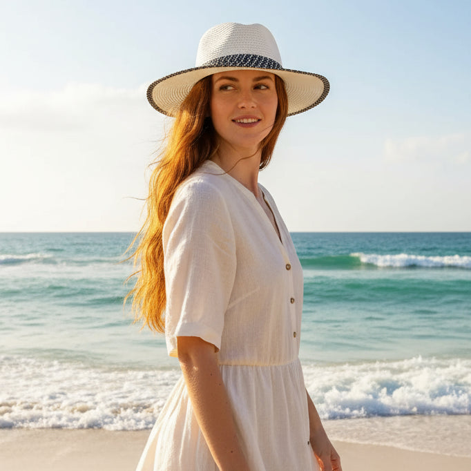 White straw hat with a black and white patterned band on a white background