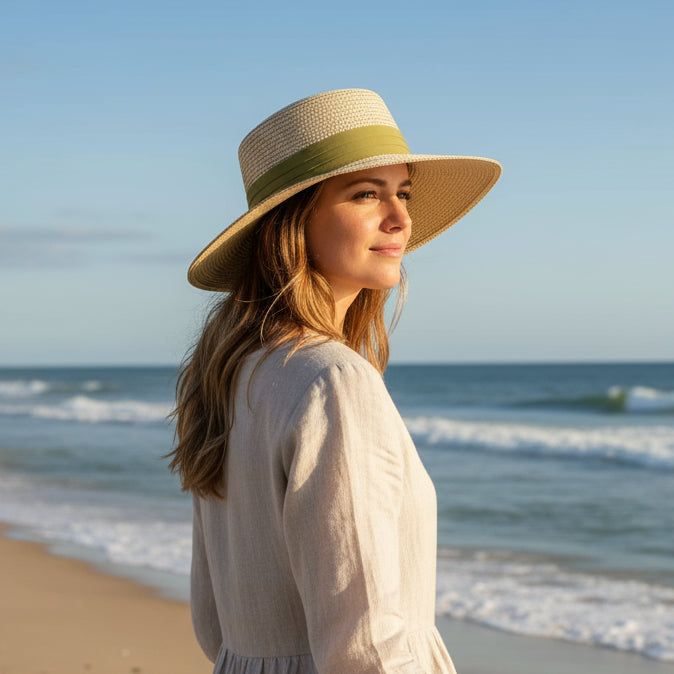 Beige straw hat with a green band on a white background