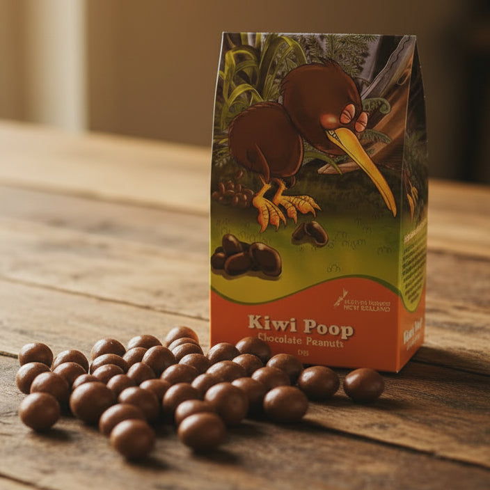 Box of Kiwi Poop chocolate peanuts with a kiwi bird illustration on the packaging.