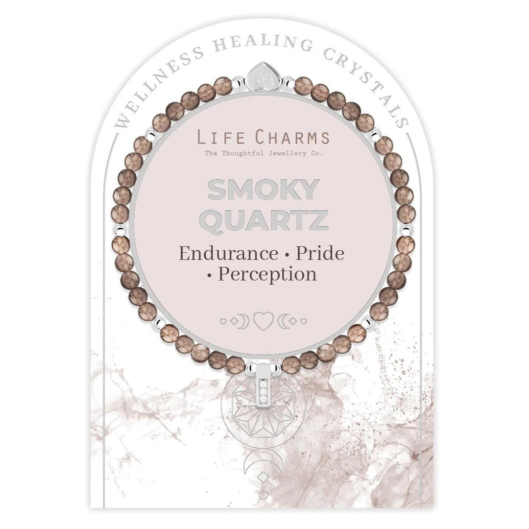Smoky quartz bracelet on a branded card with 'Life Charms' branding.