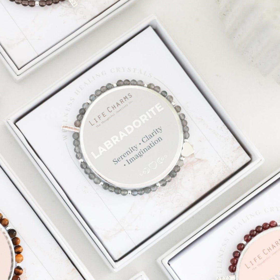 Life Charms labradorite jewelry set in white boxes on a light background