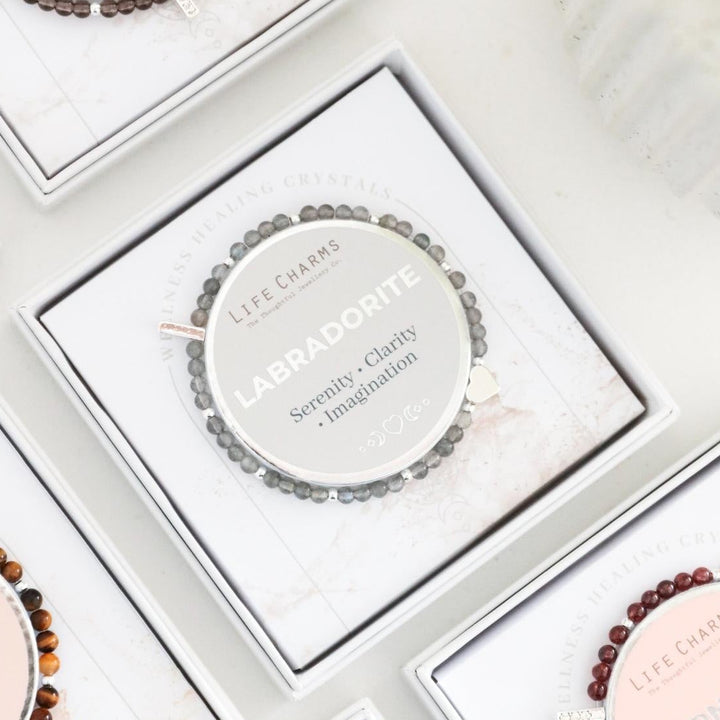 Life Charms labradorite jewelry set in white boxes on a light background