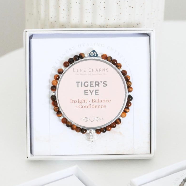 Bracelets in white boxes with 'Tiger's Eye' text on a white surface