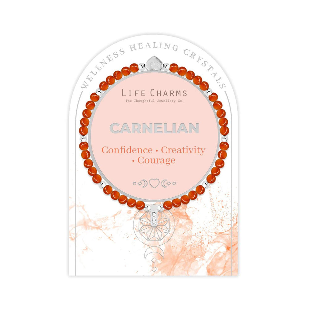 Life Charms Carnelian bracelet packaging with pink card and orange beads on a white background