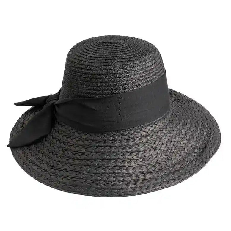 Black straw hat with a wide brim and black ribbon on a white background