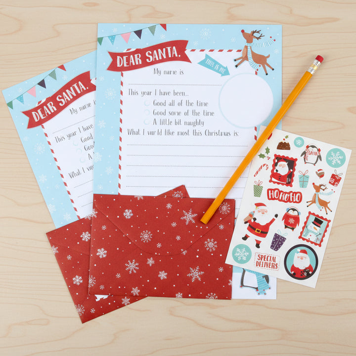 Hop Christmas Letter to Santa Set in its retail packaging, featuring a light blue background with red, white, and green festive stickers and a sample letter template.