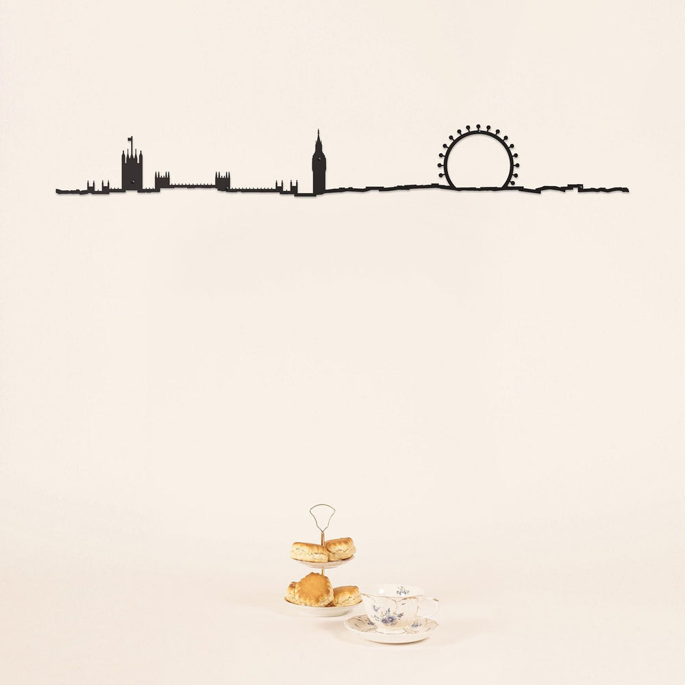 Illustration of a city skyline with a Ferris wheel and clock tower on a beige background