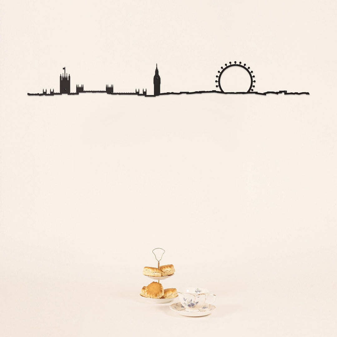 Illustration of a city skyline with a Ferris wheel and clock tower on a beige background