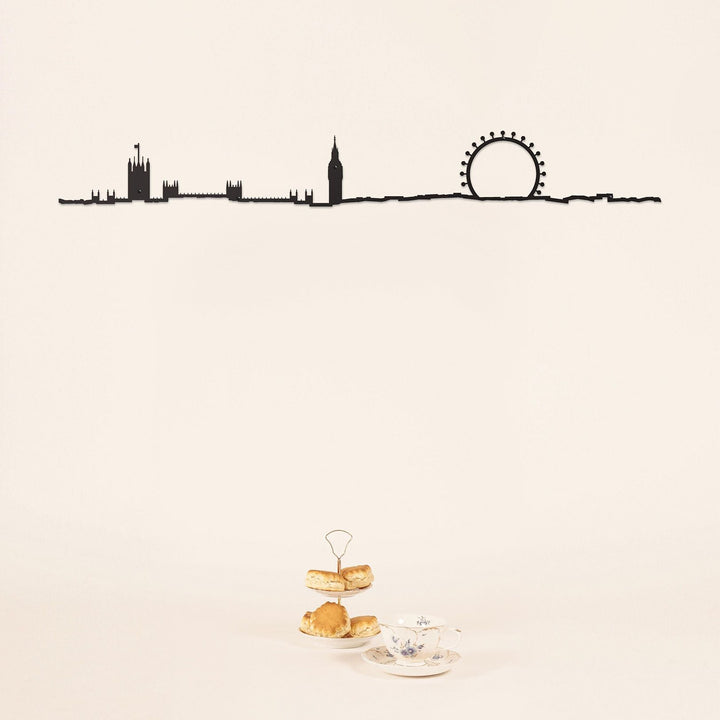 Illustration of a city skyline with a Ferris wheel and clock tower on a beige background