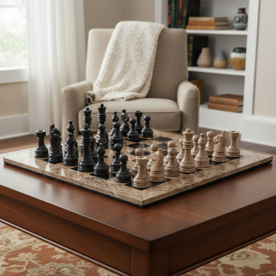 Marble-patterned chessboard with black and white chess pieces on a white background