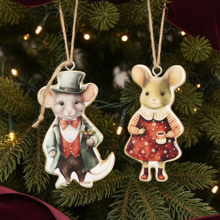 Two vintage-style mouse ornaments on a white background. One mouse is dressed as a gentleman in a green top hat, red bow tie, and green coat.