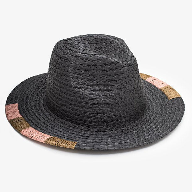 Black straw hat with colorful band on a white background