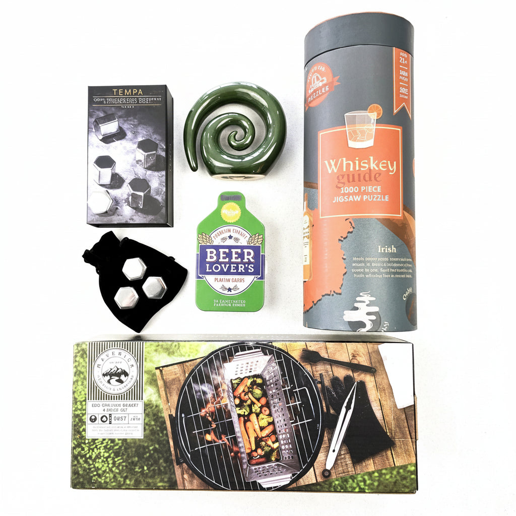 A curated whiskey-themed gift set arranged on a light neutral background, including a cylindrical tin labeled 'Whiskey Quiz 2000 Piece Jigsaw Puzzle', a green spiral-shaped ceramic object, a black box labeled 'Tempa', a small black pouch with silver dice, a green and blue 'Beer Lovers' bottle-shaped item, and a rectangular box featuring a grill scene.