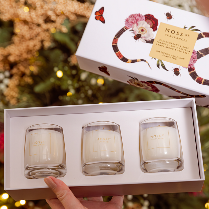 A hand holds an open white gift box containing three small glass candles labeled MOSS IT FRAGRANCE. The box lid in the background has floral and snake illustrations with the same brand name, and the scene is softly blurred with warm lights.