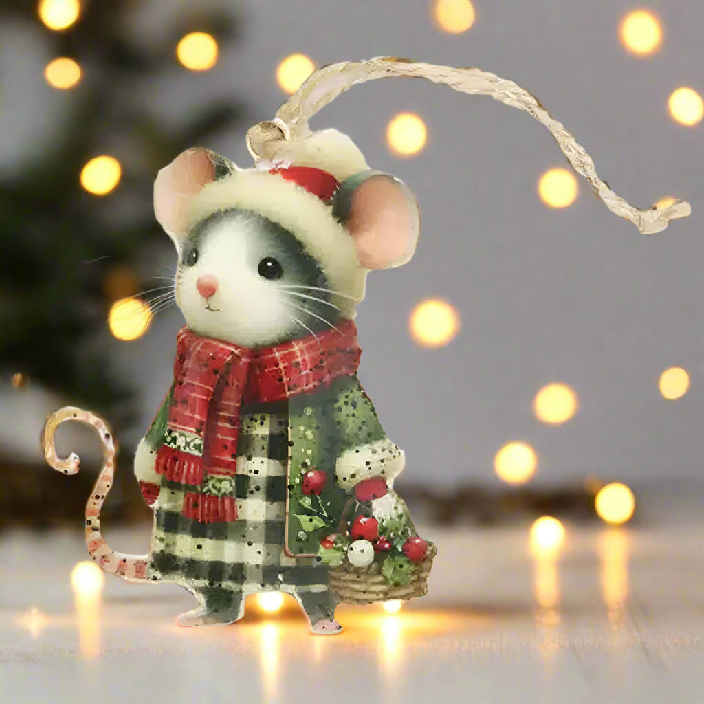 Christmas mouse ornament with plaid coat, red scarf, and basket of berries on a white background