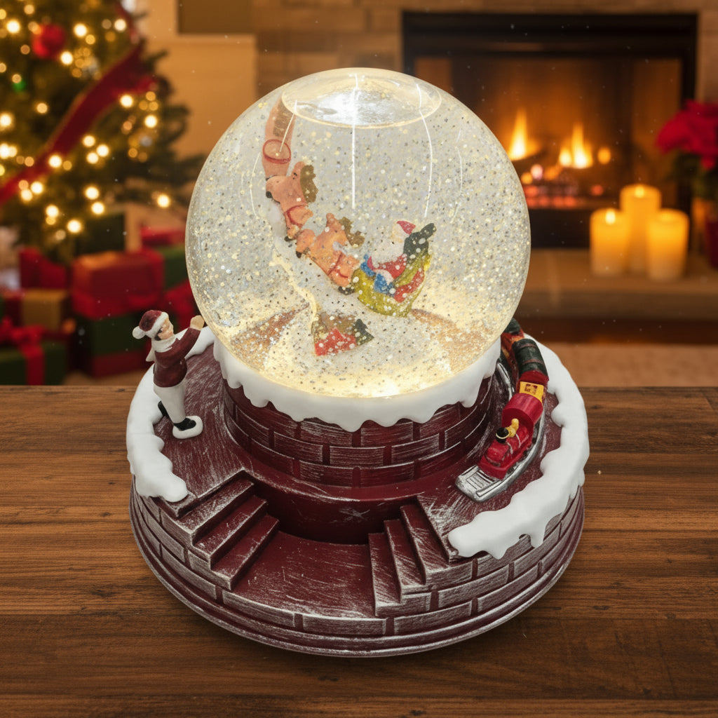 Decorative snow globe with Christmas scene on a store shelf