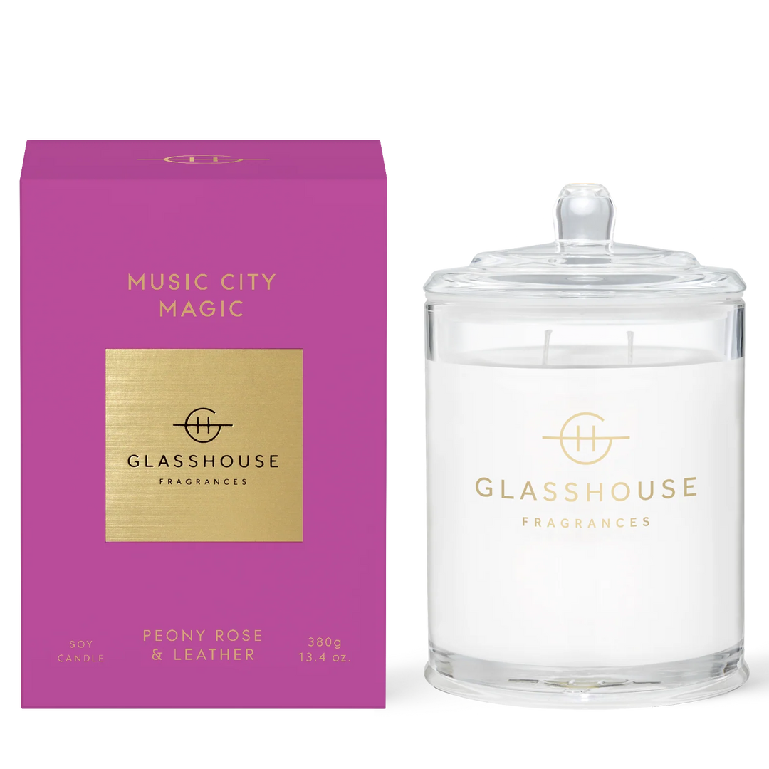 Glasshouse Fragrances candle and packaging on a white background