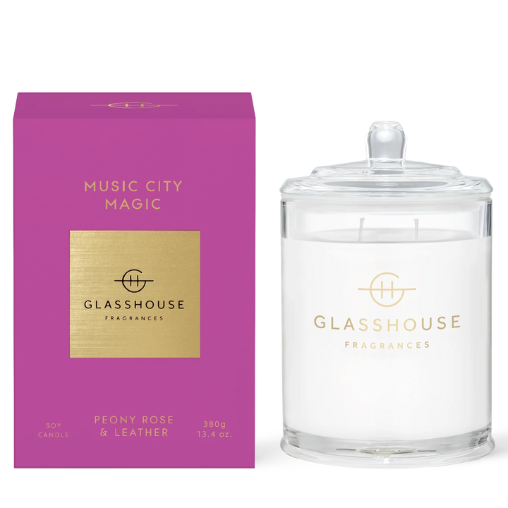 Glasshouse Fragrances candle and packaging on a white background
