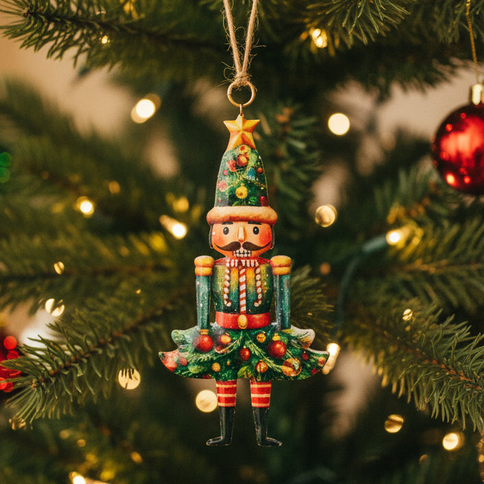 Decorative Christmas nutcracker ornament on a white background