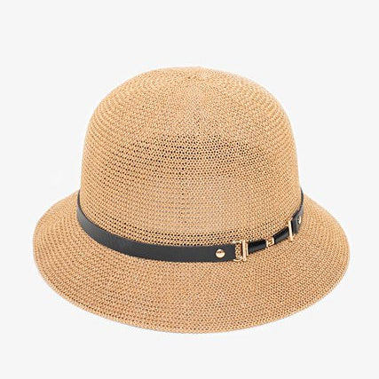 Beige straw hat with a black band on a white background