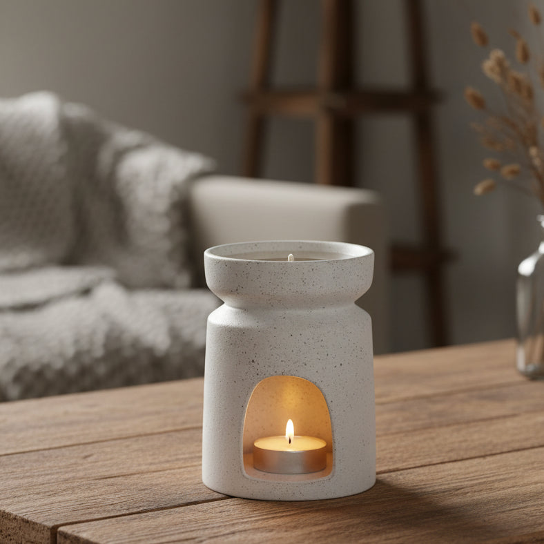 Speckled beige ceramic oil burner on a white background